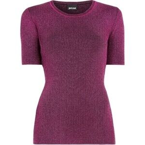 JUST CAVALLI ✘ Pink Lurex Short Sleeve Ribbed Knit Crew Neck Top Italy, Sz. XS